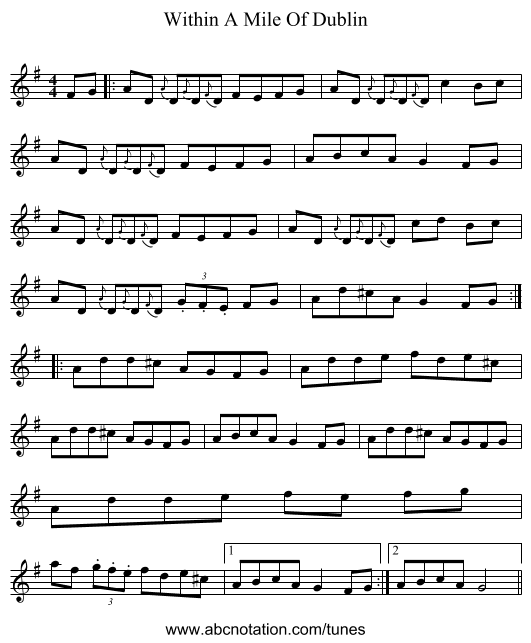 Within A Mile Of Dublin - staff notation