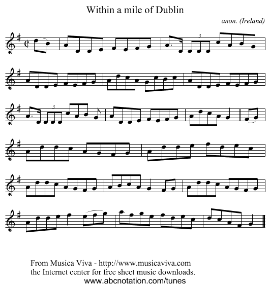 Within a mile of Dublin - staff notation
