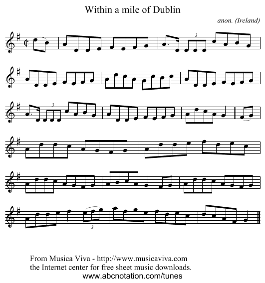 Within a mile of Dublin - staff notation