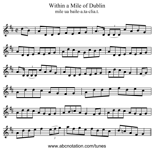 Within a Mile of Dublin - staff notation