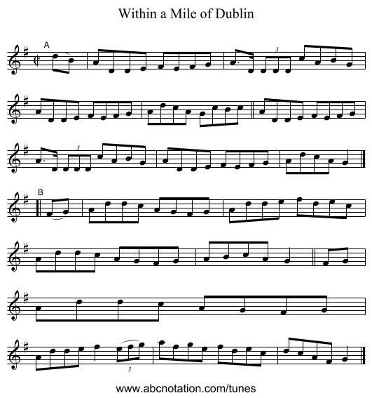 Within a Mile of Dublin - staff notation