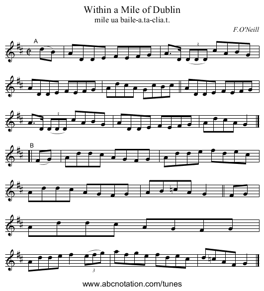 Within a Mile of Dublin - staff notation