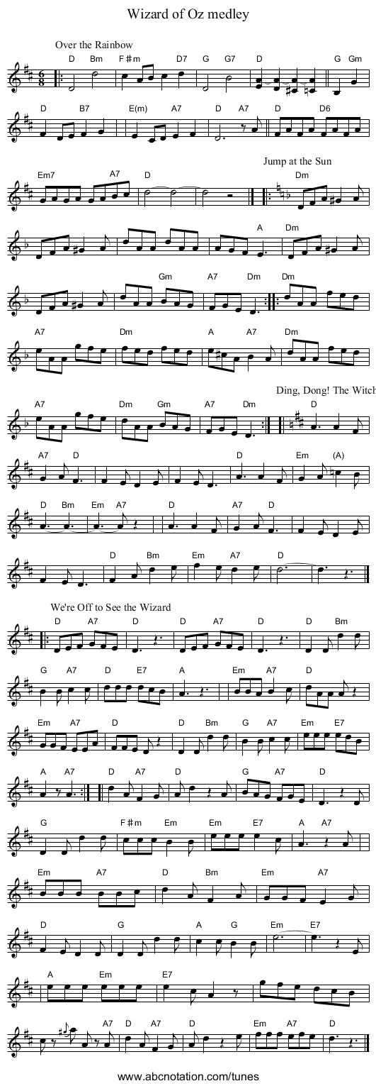 Wizard of Oz medley - staff notation