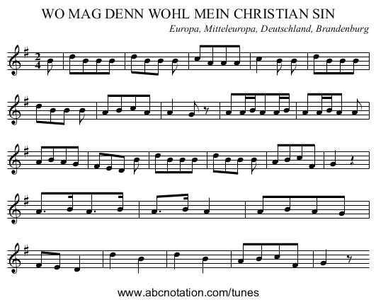 WO MAG DENN WOHL MEIN CHRISTIAN SIN - staff notation