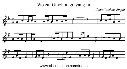 Wo zai Guizhou guiyang fu - staff notation
