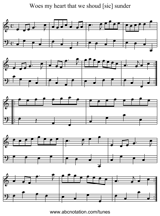 Woes my heart that we shoud [sic] sunder - staff notation