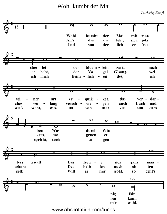 Wohl kumbt der Mai - staff notation