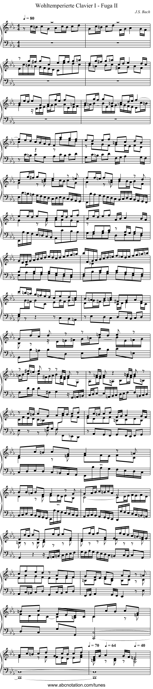 Wohltemperierte Clavier I - Fuga II - staff notation