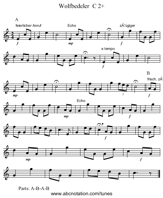 Wolfbedeler  C 2+ - staff notation