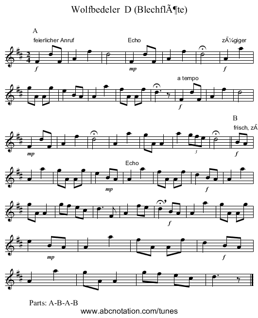 Wolfbedeler  D (BlechflÃ¶te) - staff notation