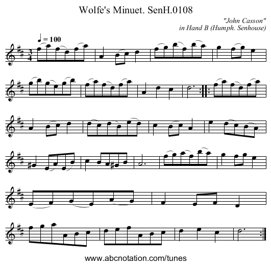 Wolfe's Minuet. SenH.0108 - staff notation