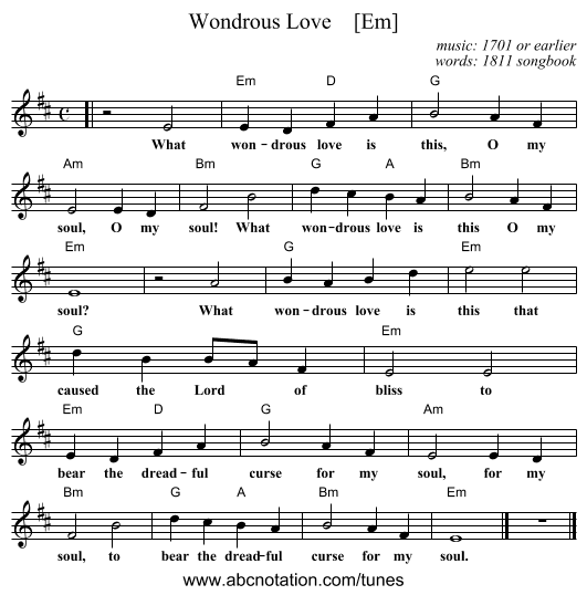 Wondrous Love    [Em] - staff notation