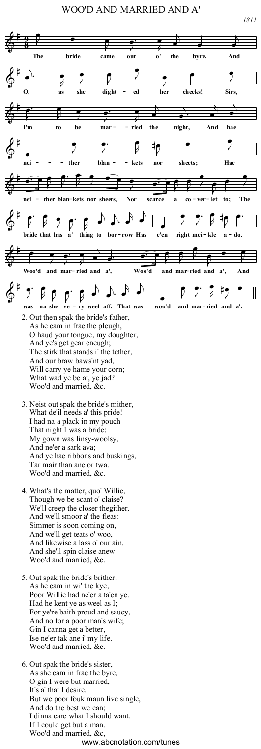 WOO'D AND MARRIED AND A' - staff notation