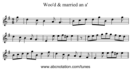 Woo'd & married an a' - staff notation