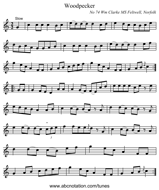 Woodpecker - staff notation