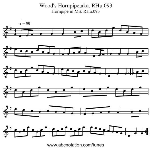 Wood's Hornpipe,aka. RHu.093 - staff notation