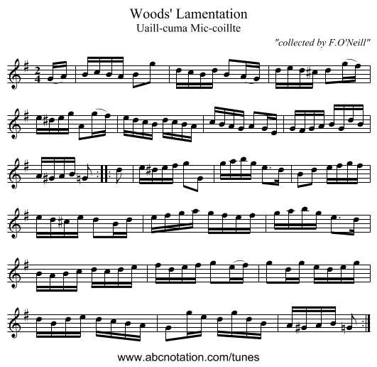 Woods' Lamentation - staff notation