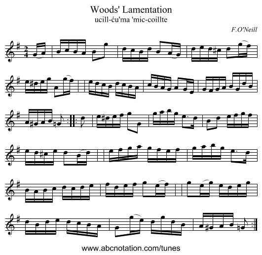 Woods' Lamentation - staff notation