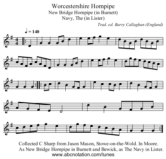 Worcestershire Hornpipe - staff notation