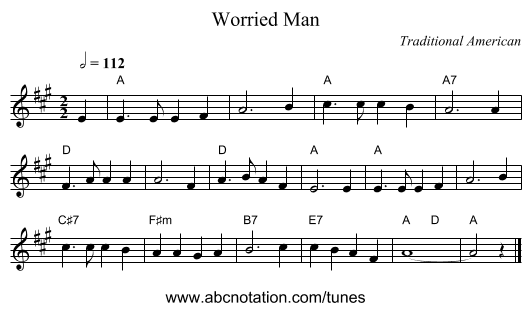 Worried Man - staff notation