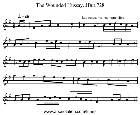 Wounded Hussay. JBut.728, The - staff notation