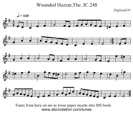 Wounded Huzzar,The. JC.248 - staff notation