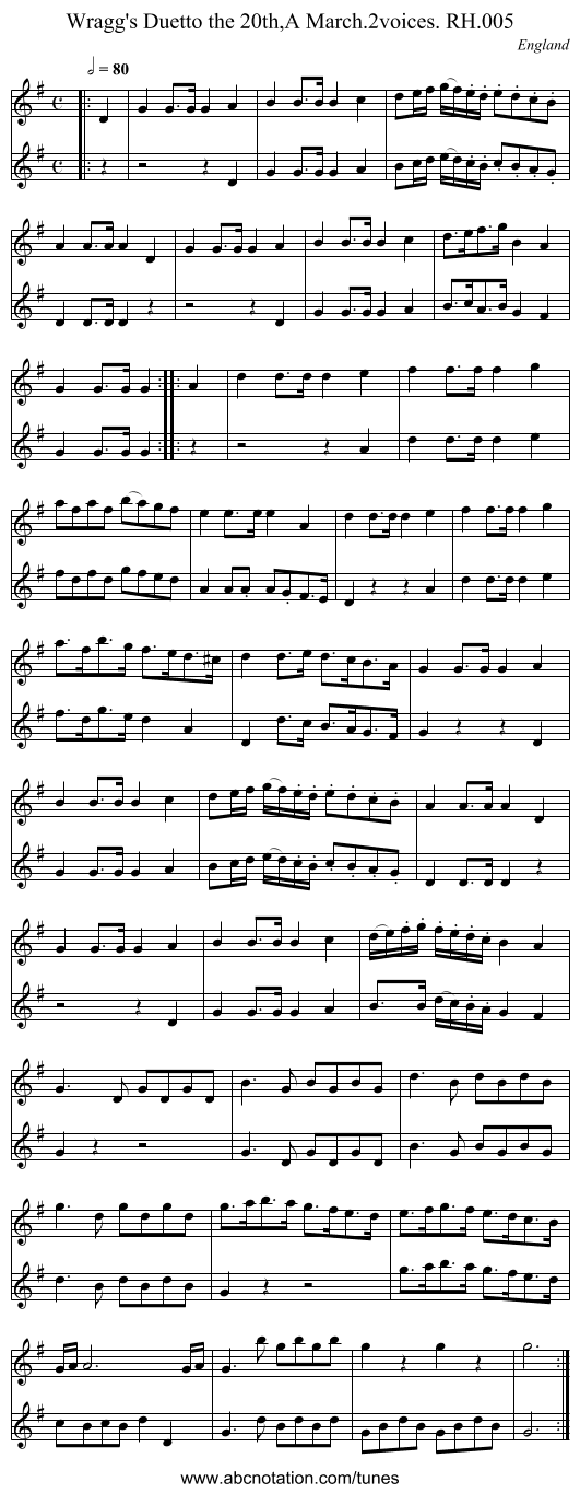 Wragg's Duetto the 20th,A March.2voices. RH.005 - staff notation