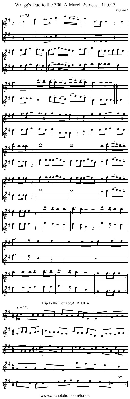 Wragg's Duetto the 30th.A March.2voices. RH.013 - staff notation