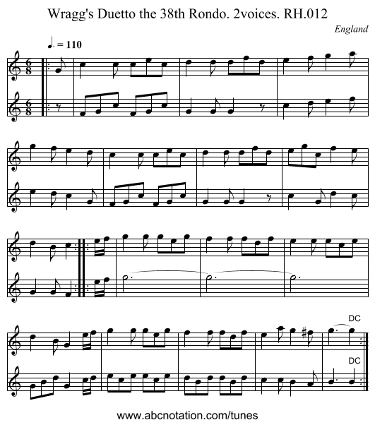 Wragg's Duetto the 38th Rondo. 2voices. RH.012 - staff notation