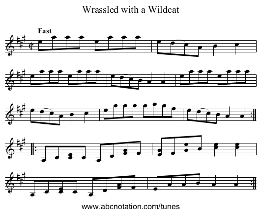 Wrassled with a Wildcat - staff notation