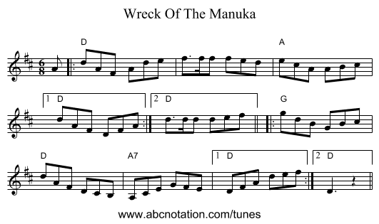 Wreck Of The Manuka - staff notation