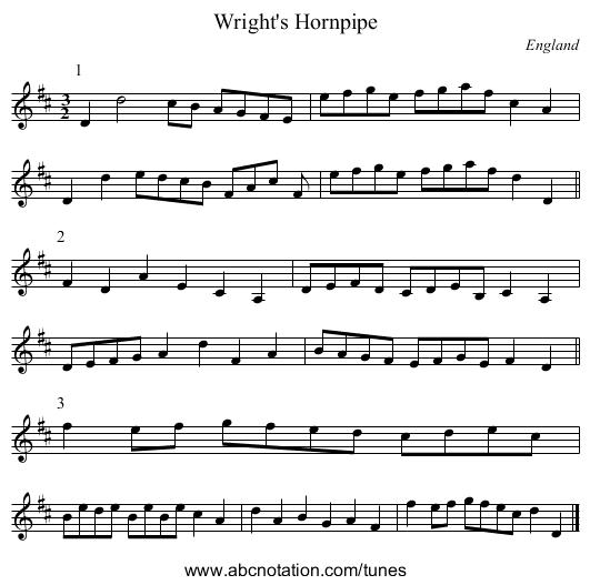 Wright's Hornpipe - staff notation
