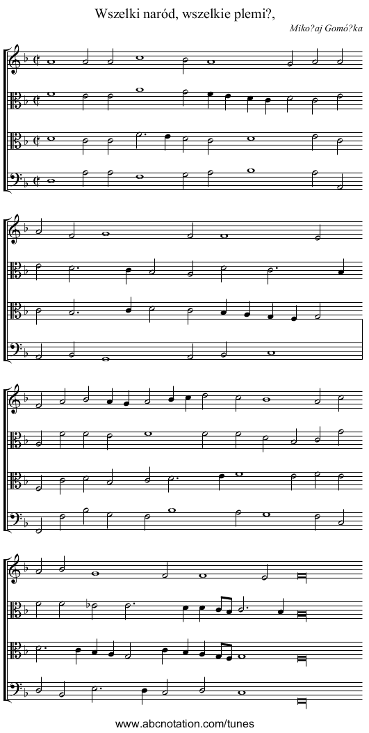Wszelki naród, wszelkie plemi?, - staff notation