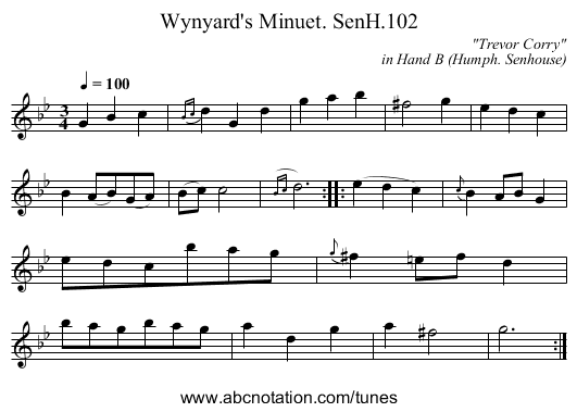 Wynyard's Minuet. SenH.102 - staff notation