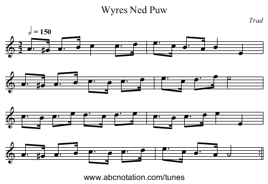 Wyres Ned Puw - staff notation