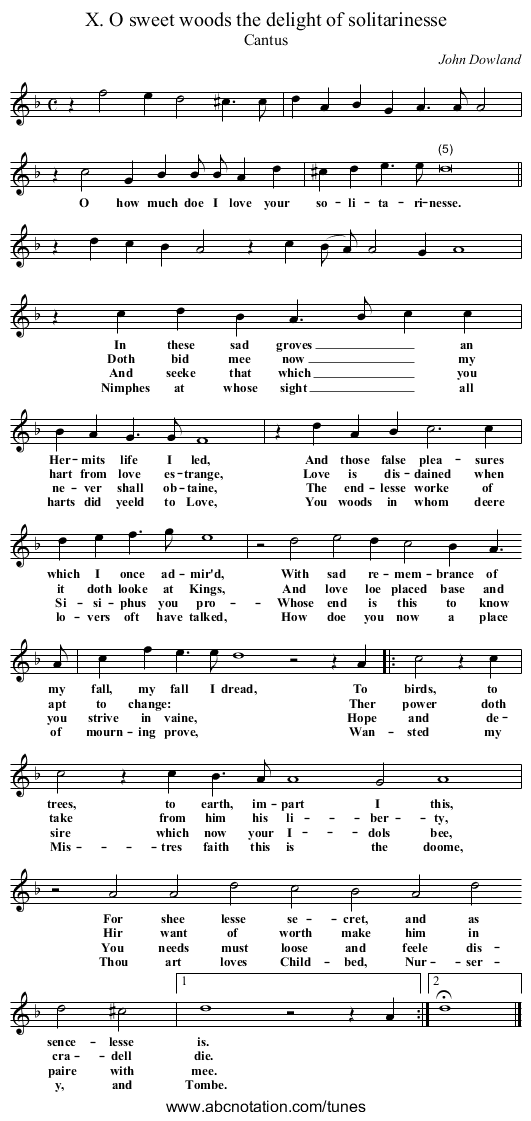 X. O sweet woods the delight of solitarinesse - staff notation
