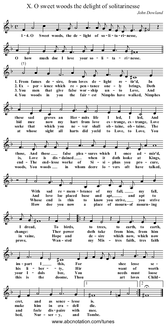 X. O sweet woods the delight of solitarinesse - staff notation