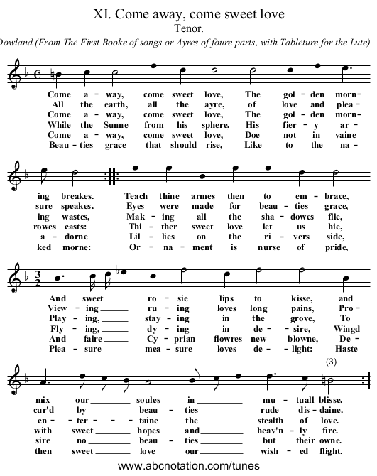 XI. Come away, come sweet love - staff notation