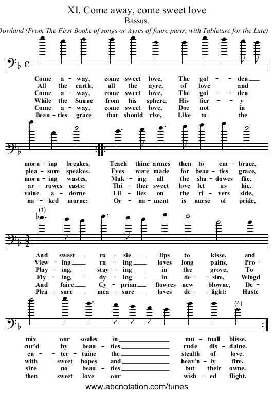 XI. Come away, come sweet love - staff notation