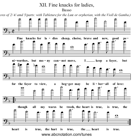 XII. Fine knacks for ladies, - staff notation
