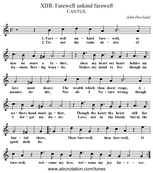 XIIII. Farewell unkind farewell - staff notation