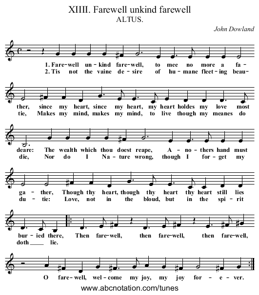 XIIII. Farewell unkind farewell - staff notation