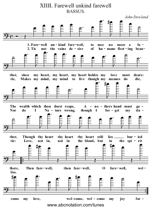 XIIII. Farewell unkind farewell - staff notation