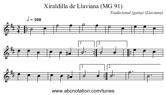 Xiraldilla de Llaviana (MG 91) - staff notation