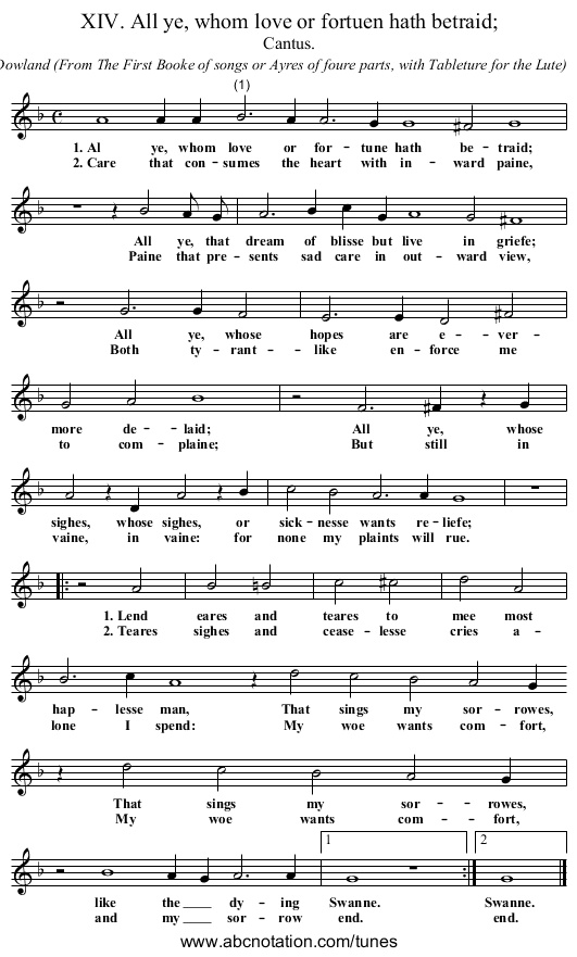 XIV. All ye, whom love or fortuen hath betraid; - staff notation