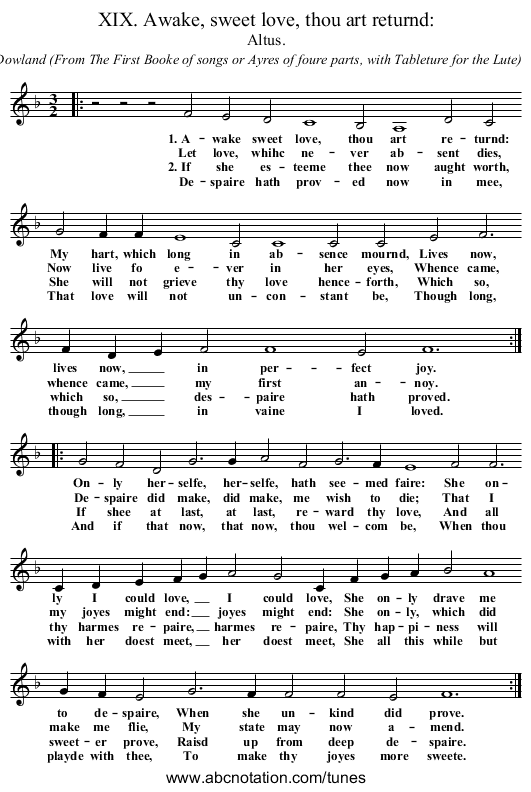 XIX. Awake, sweet love, thou art returnd: - staff notation
