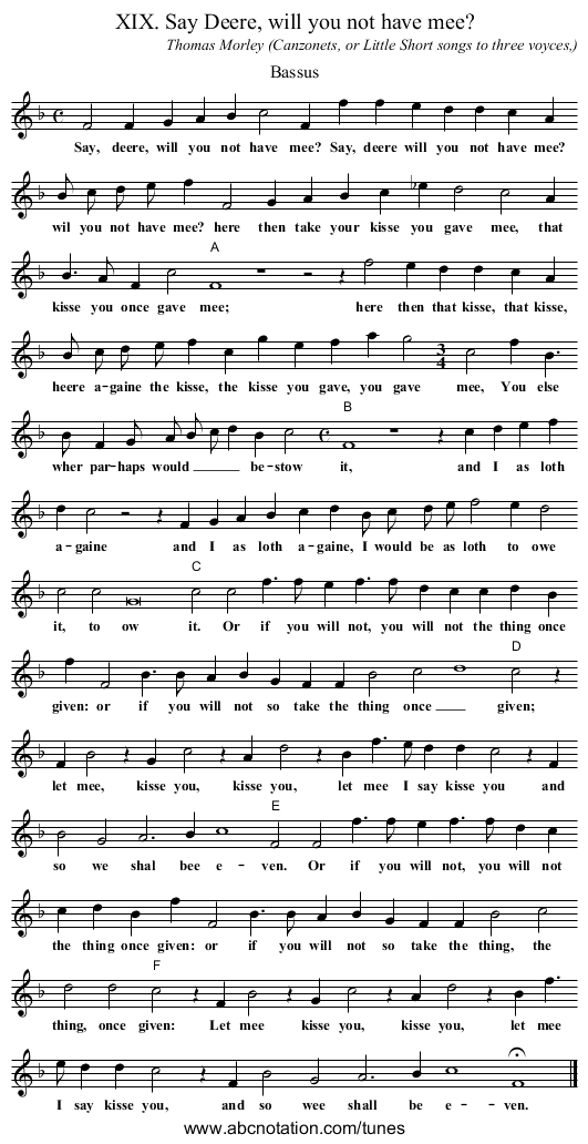 XIX. Say Deere, will you not have mee? - staff notation