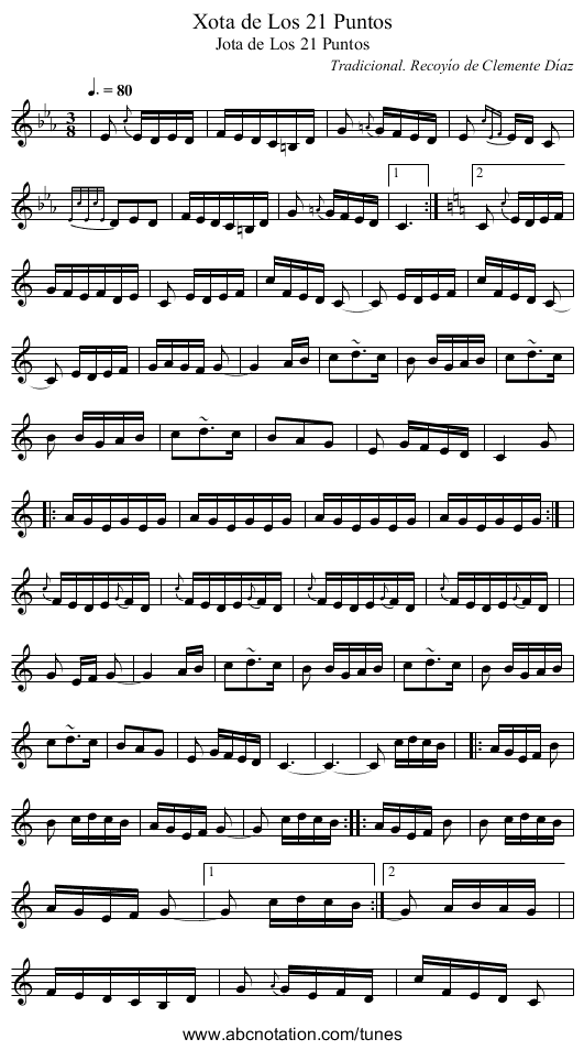 Xota de Los 21 Puntos - staff notation