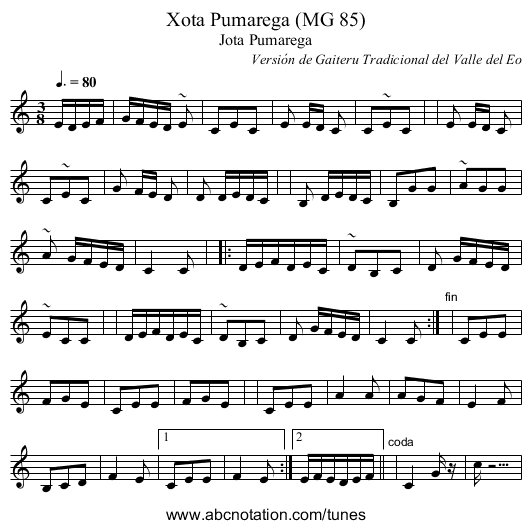 Xota Pumarega (MG 85) - staff notation