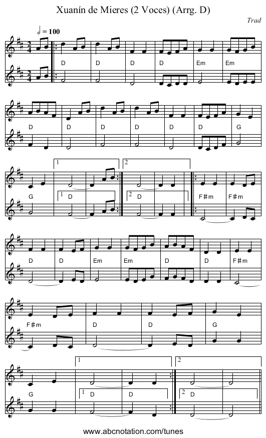 Xuanín de Mieres (2 Voces) (Arrg. D) - staff notation